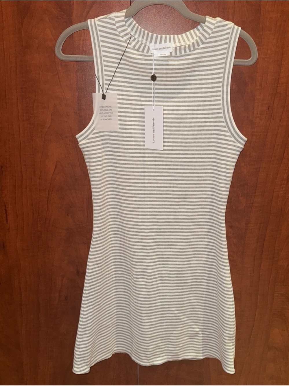 Lovers + Friends Ivory and Gray Striped Sleeveless Knit Dress